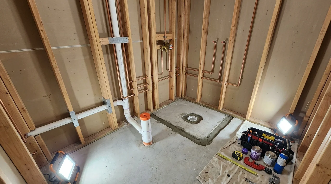 Bathroom rough-in plumbing during remodel by Johns Plumbing LLC in Horn Lake