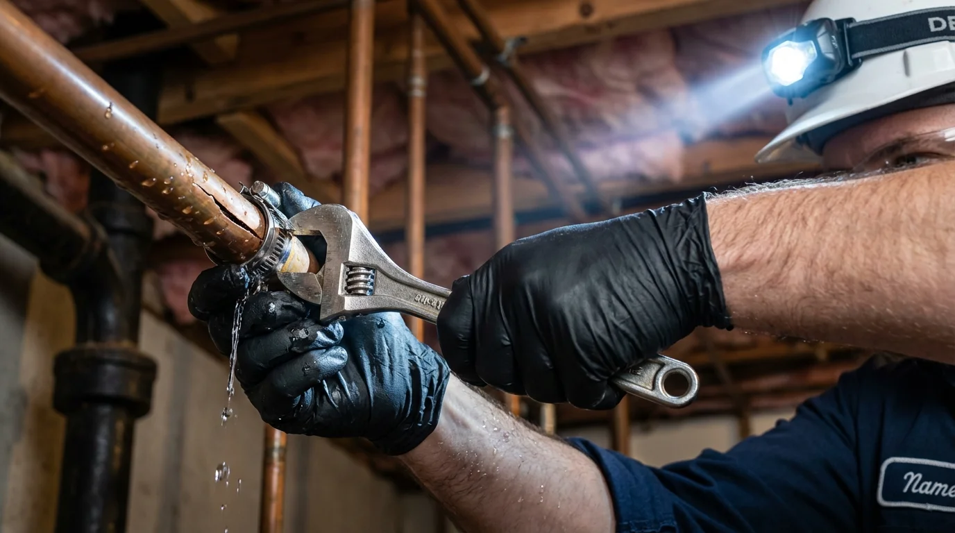 Emergency pipe clamp repair being performed by a Johns Plumbing LLC plumber in Horn Lake