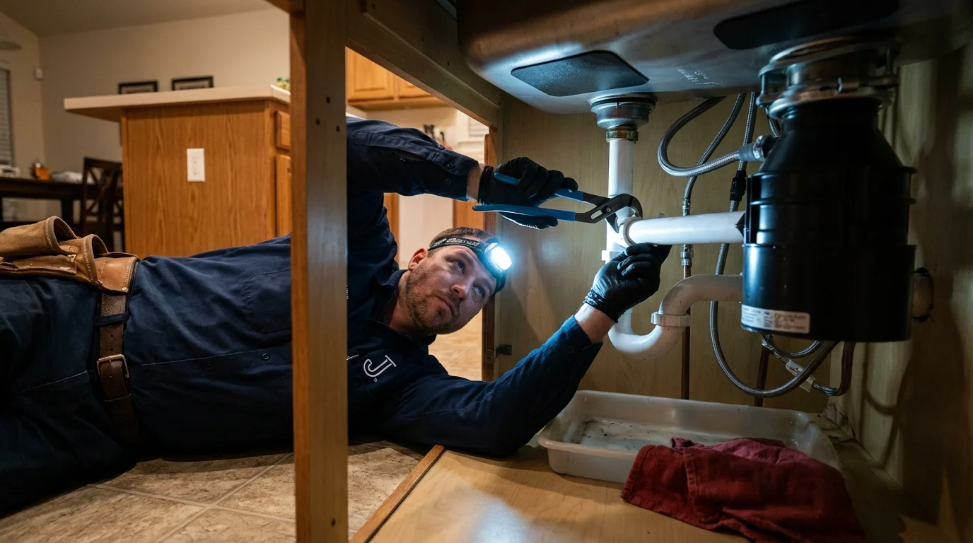 P-trap and supply line connections under a kitchen sink showing a common leak point in Horn Lake, MS